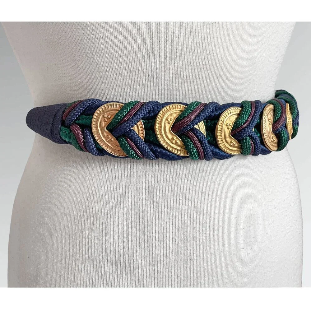 Vintage 80s Gold Tone Medallions & Braided Rope Belt - Picture 3 of 5